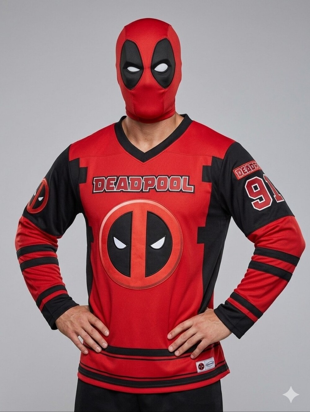 Marvel Deadpool Adult Hockey Jersey Costume With Mask Jazwares Red Black S/M